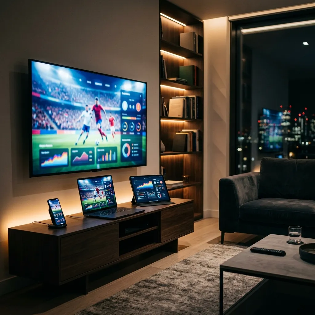 Multi-device sports streaming setup with TV, laptop, tablet, and phone